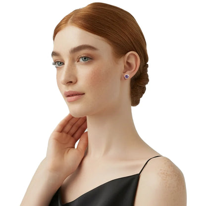 Model wearing elegant S925 amethyst zircon studs, demonstrating the 0.31 inch size for daily or evening wear.