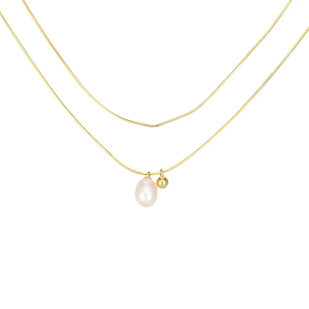 18K gold plated S925 sterling silver layered necklace with a genuine pearl and bead, on a white background.