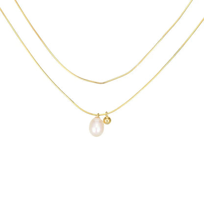 18K gold plated S925 sterling silver layered necklace with a genuine pearl and bead, on a white background.