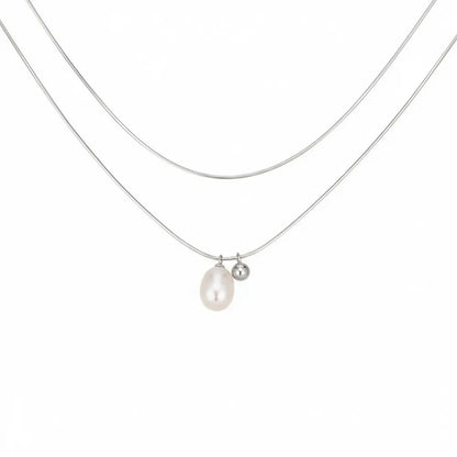 S925 sterling silver layered necklace with a genuine pearl and bead, on a clean white background.