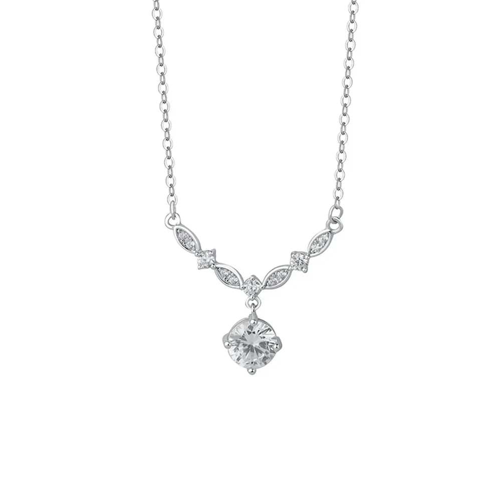 Front view of S925 sterling silver necklace featuring a round moissanite stone hanging from a crystal floral vine setting, isolated on white