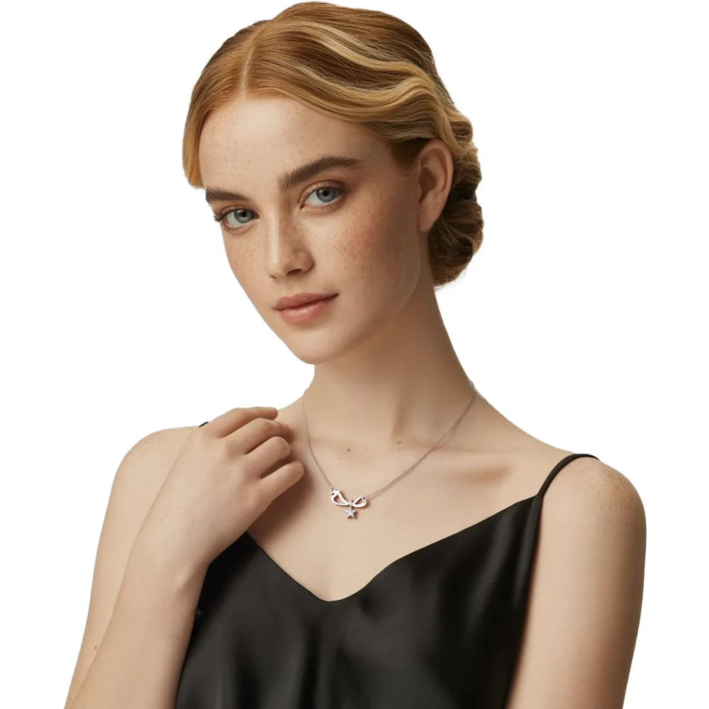 Model wearing the S925 Silver Pavé Infinity Bow Necklace, showcasing its elegant drape