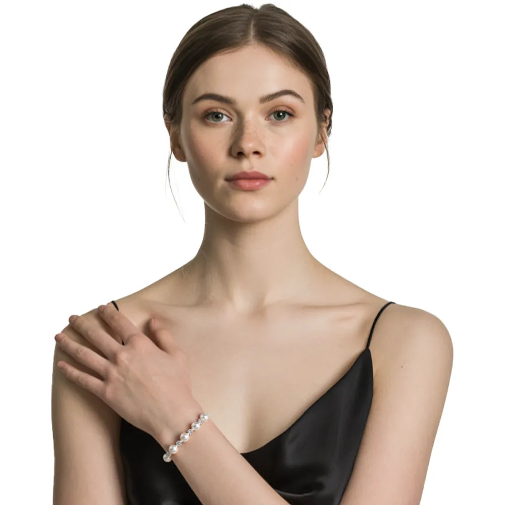 Model wearing the S925 Pavé Pearl Station Bracelet, highlighting its elegant fit on the wrist
