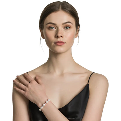 Model wearing the S925 Pavé Pearl Station Bracelet, highlighting its elegant fit on the wrist