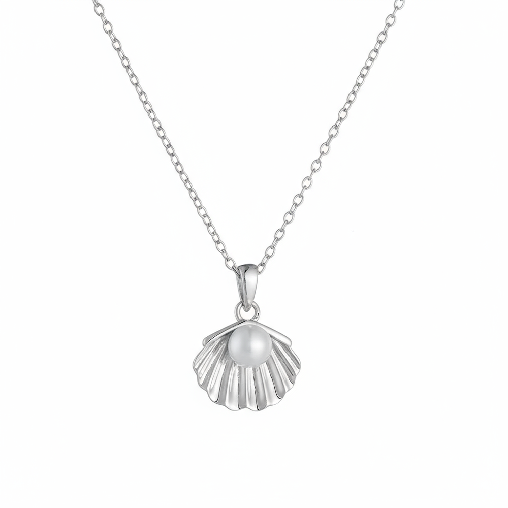 S925 sterling silver necklace with a genuine pearl inside a detailed shell pendant, rhodium plated on a white background