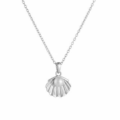 S925 sterling silver necklace with a genuine pearl inside a detailed shell pendant, rhodium plated on a white background