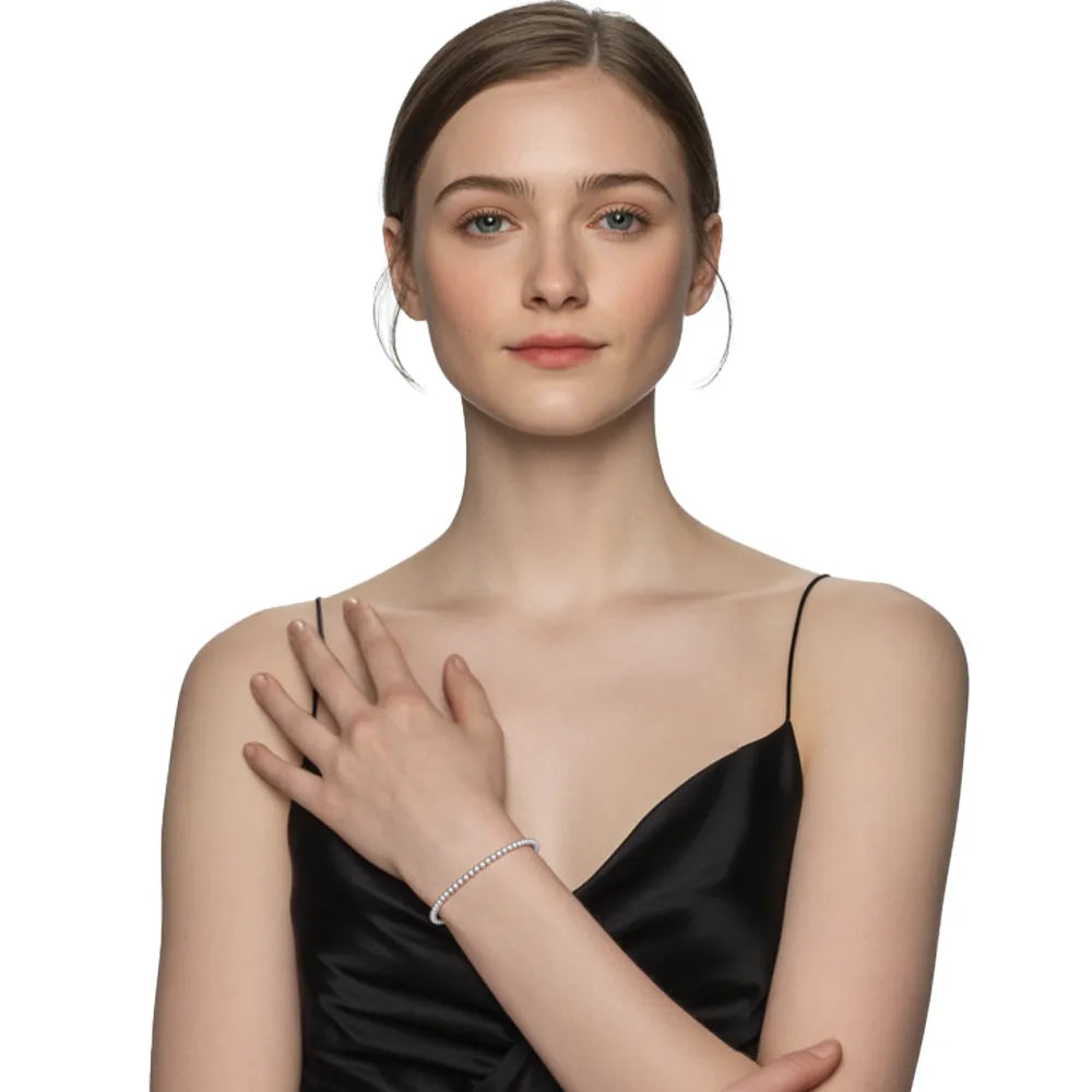 Model showcasing the elegant S925 Silver Beaded Bolo Bracelet as a key accessory.