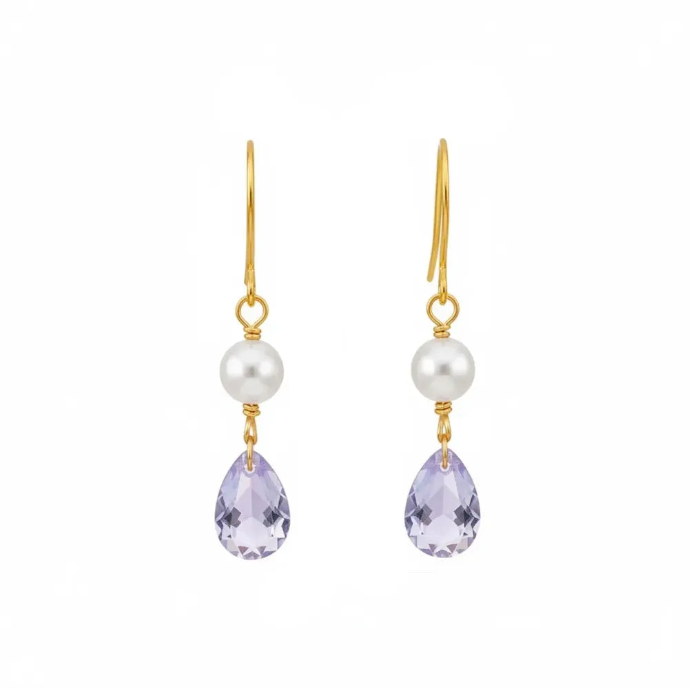 S925 sterling silver drop earrings featuring a round pearl and a pear-cut lavender zircon on a French hook.