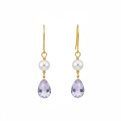 S925 sterling silver drop earrings featuring a round pearl and a pear-cut lavender zircon on a French hook.