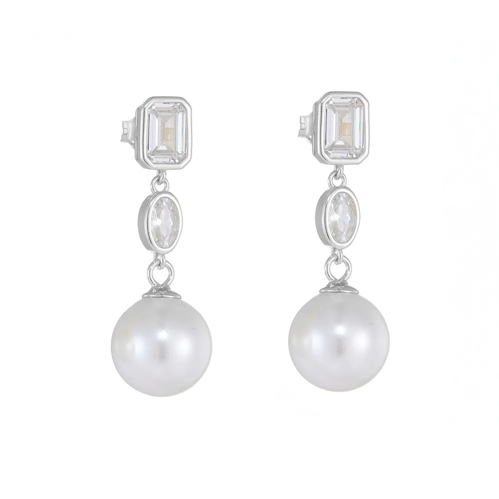 S925 sterling silver drop earrings featuring a sparkling zirconia crystal cluster and a teardrop pearl.