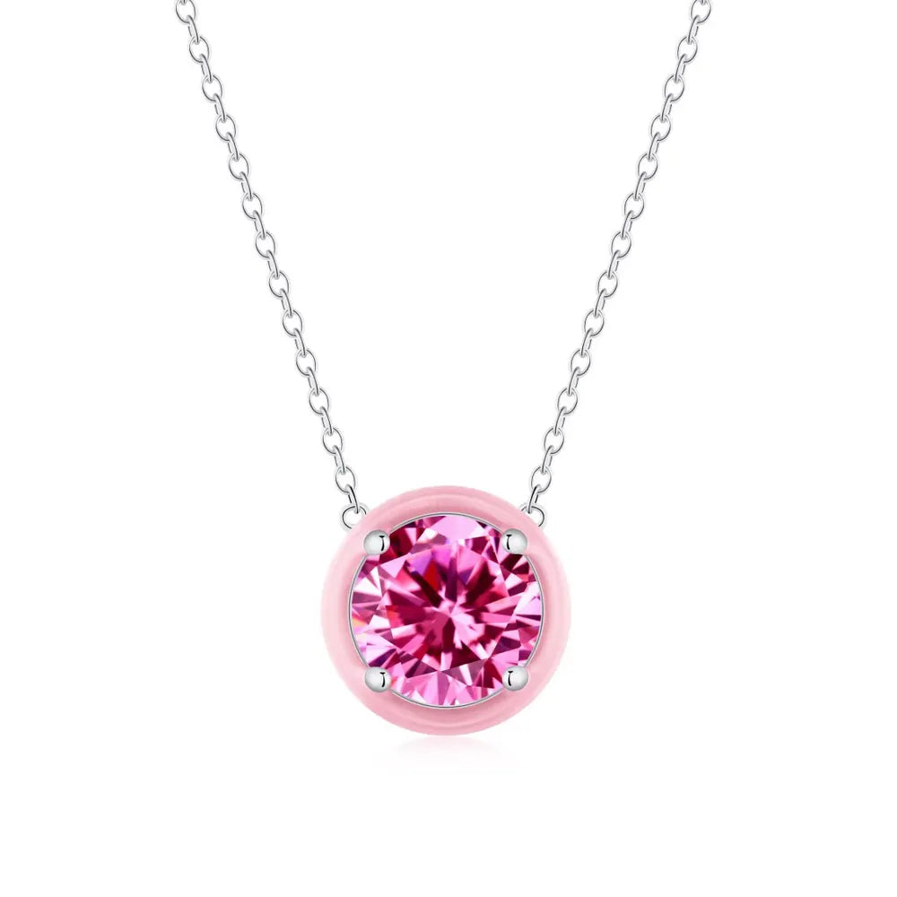 S925 sterling silver necklace featuring a round pink zirconia in a macaron-colored setting.