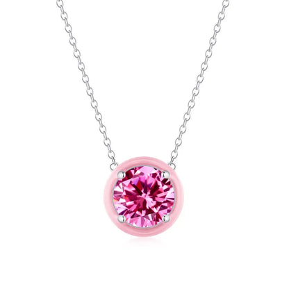 S925 sterling silver necklace featuring a round pink zirconia in a macaron-colored setting.