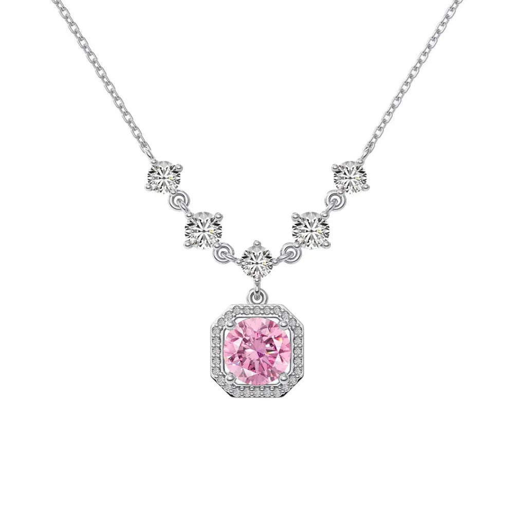 S925 sterling silver necklace featuring a pink square cushion-cut zirconia with a halo setting.