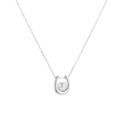 Studio shot of the S925 pure silver U-shaped pendant necklace with a pearl on a white background.