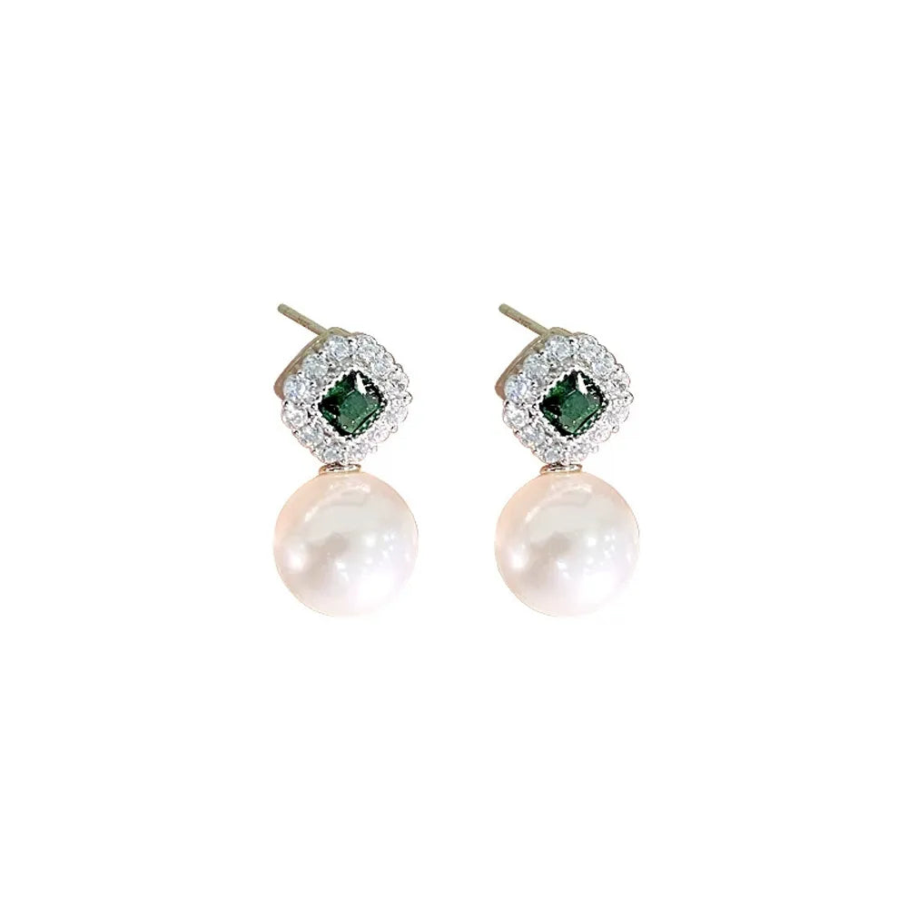 S925 sterling silver drop earrings featuring a vintage square emerald halo stud and a round dangling pearl