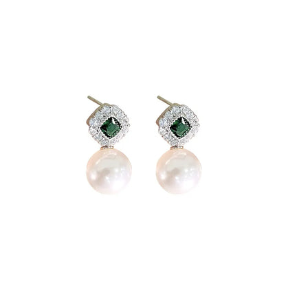 S925 sterling silver drop earrings featuring a vintage square emerald halo stud and a round dangling pearl