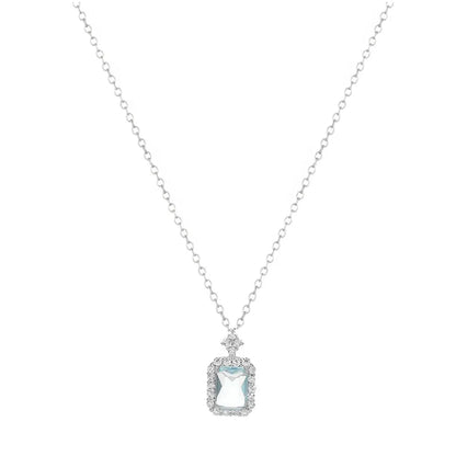 S925 sterling silver necklace featuring a rectangular aquamarine gemstone with a zircon halo on a white background.