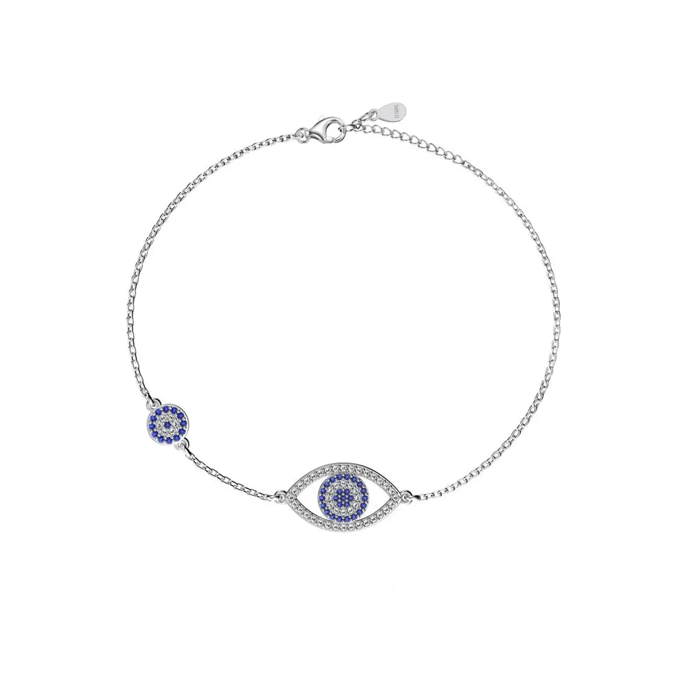 S925 sterling silver chain bracelet featuring a double evil eye design with blue zircons on a white background