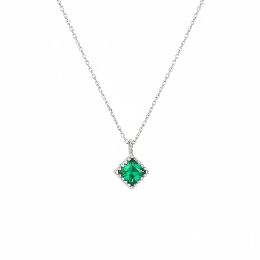 S925 sterling silver necklace with a geometric rhombus-shaped emerald green zircon pendant