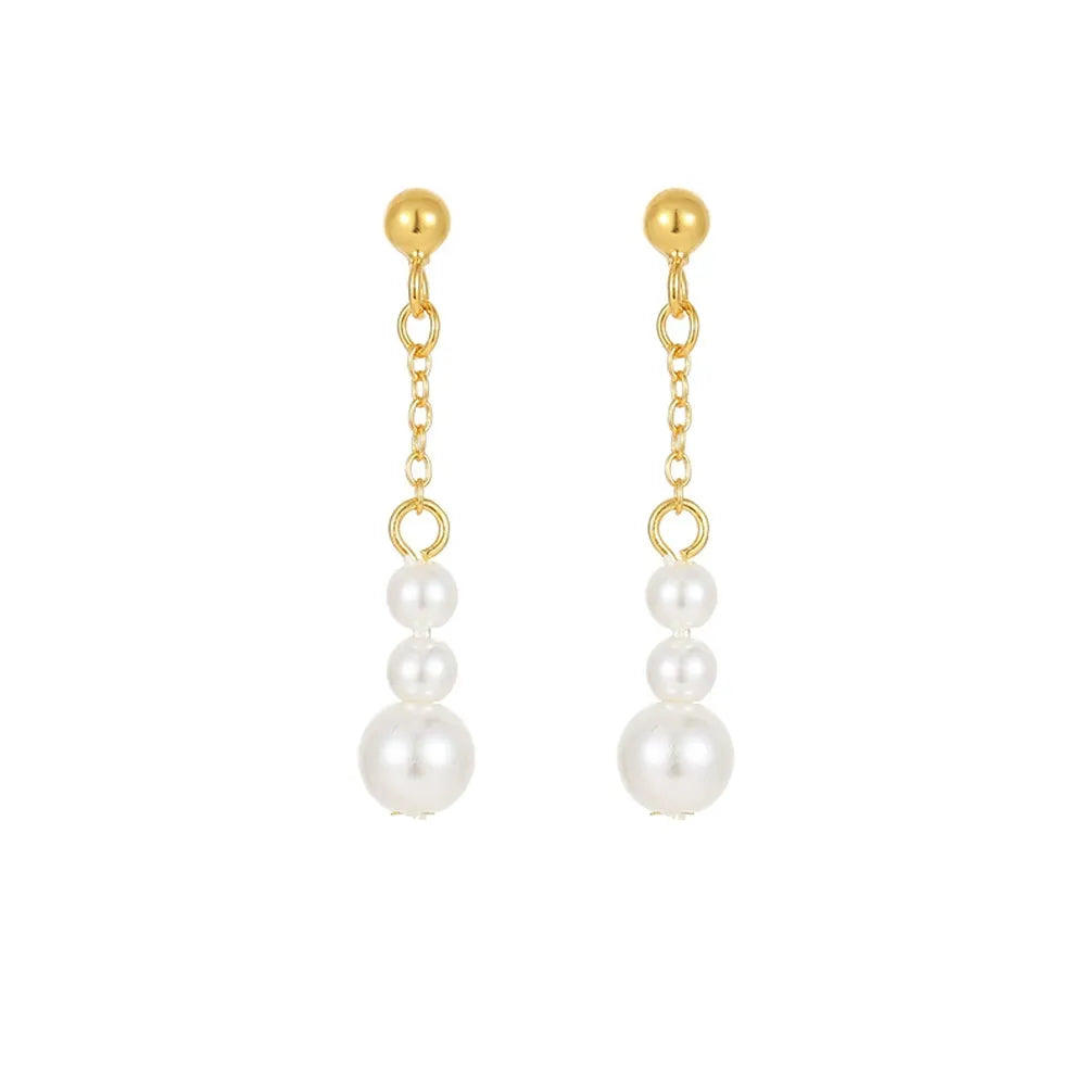 S925 sterling silver linear drop earrings featuring a trio of graduated pearls on a white background.