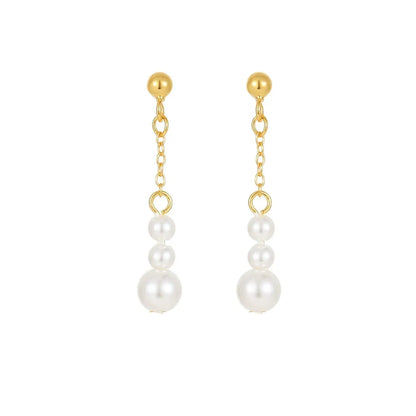 S925 sterling silver linear drop earrings featuring a trio of graduated pearls on a white background.