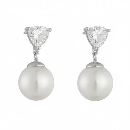 S925 sterling silver drop earrings featuring a heart-cut zircon stud and a round pearl.