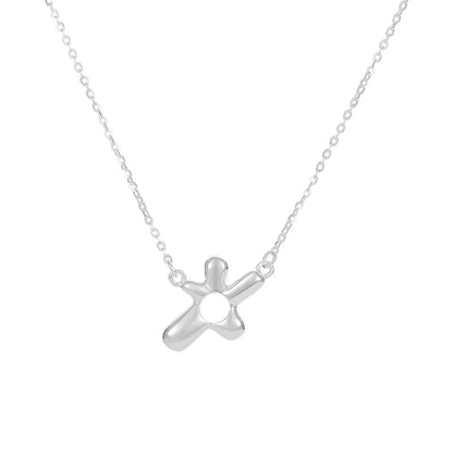 Studio shot of an S925 sterling silver necklace featuring a polished puffy hollow flower pendant, isolated on white background