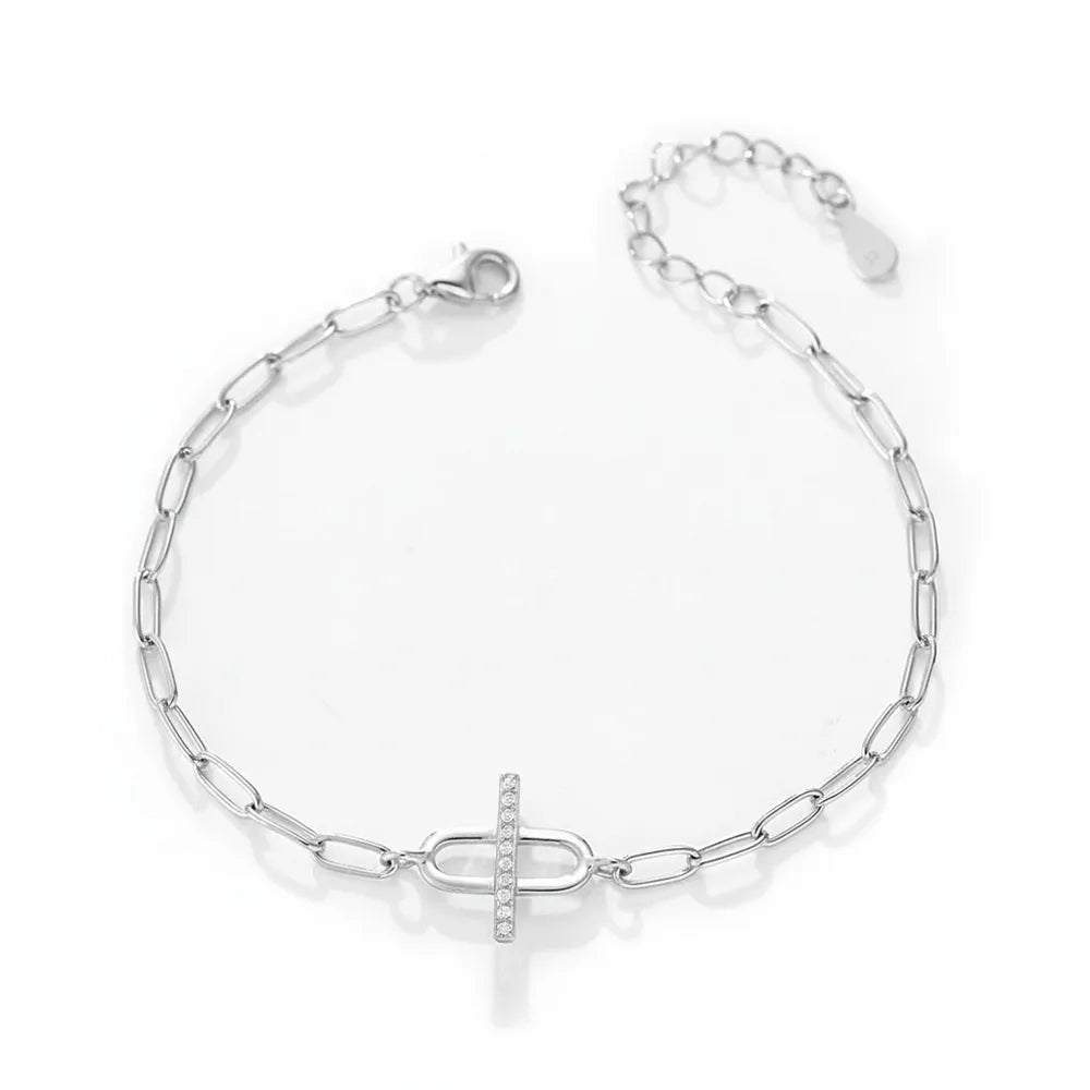 S925 sterling silver bracelet with a modern pave bar and open oval design.
