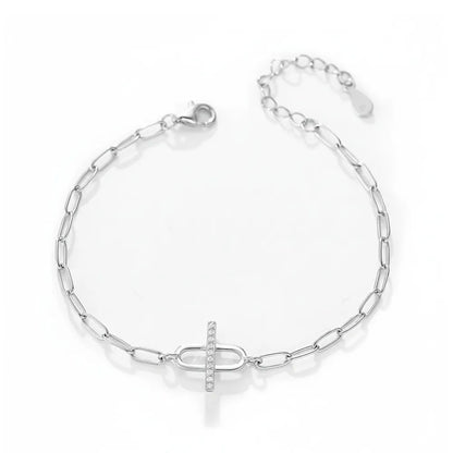 S925 sterling silver bracelet with a modern pave bar and open oval design.