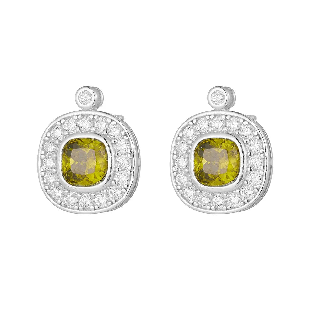 S925 sterling silver halo studs with olive green zircon and pave crystals on a white background
