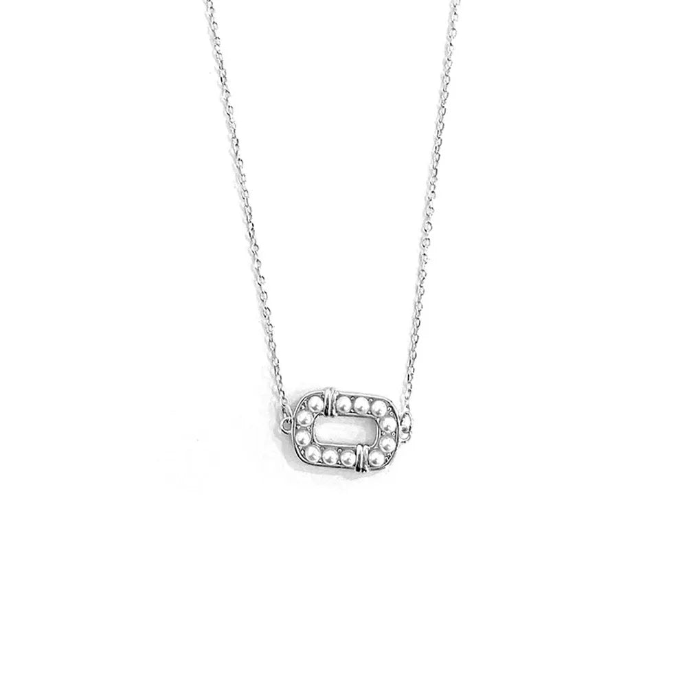 S925 sterling silver necklace with a sleek oval-shaped pendant inset with a row of miniature shell pearls.