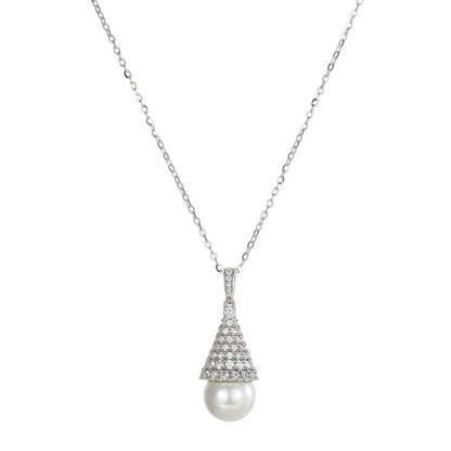 S925 sterling silver necklace featuring a pave crystal cone pendant with a pearl drop on a white background.