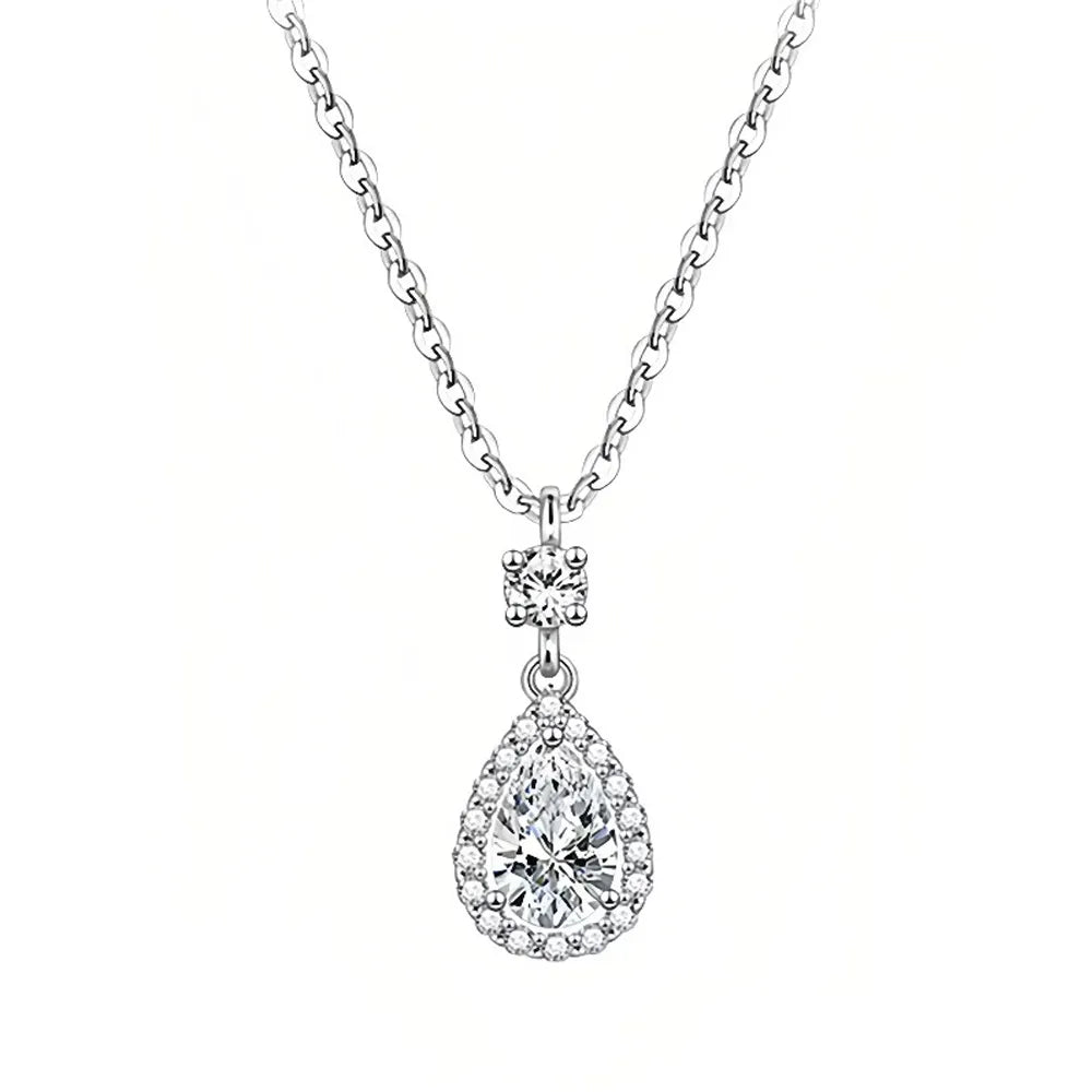 S925 sterling silver necklace featuring a sparkling teardrop halo pendant with a round crystal top.