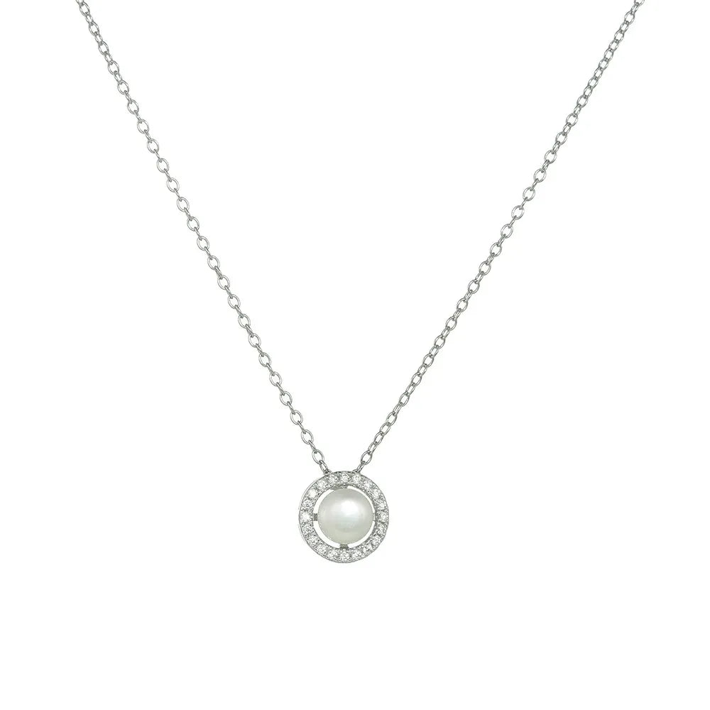 S925 sterling silver necklace featuring a round white pearl surrounded by a cubic zirconia halo.