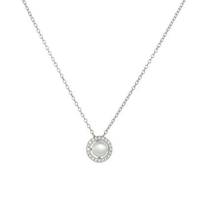 S925 sterling silver necklace featuring a round white pearl surrounded by a cubic zirconia halo.