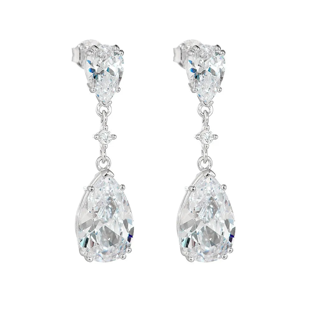 Front view of S925 sterling silver double teardrop zirconia drop earrings, showcasing brilliant sparkle on a white background.