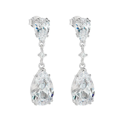 Front view of S925 sterling silver double teardrop zirconia drop earrings, showcasing brilliant sparkle on a white background.