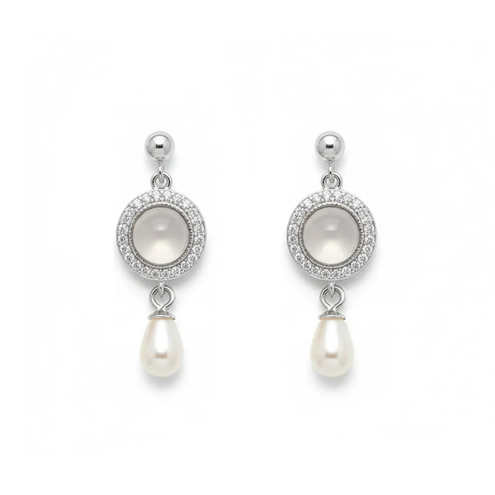 S925 sterling silver drop earrings featuring a vintage halo stud and a teardrop pearl on a white background.