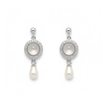 S925 sterling silver drop earrings featuring a vintage halo stud and a teardrop pearl on a white background.