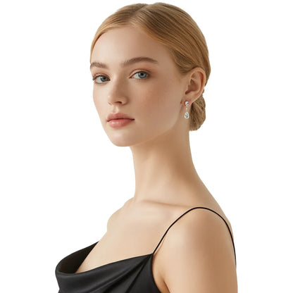 Model showcasing the full length of the S925 zirconia drop earrings, demonstrating sophisticated evening style.
