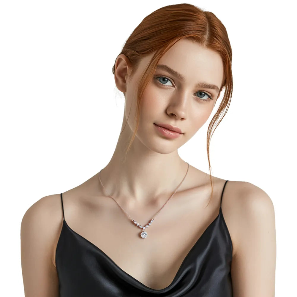 Woman showcasing the S925 silver floral vine necklace, highlighting the 15.75 inch length and brilliant shine.