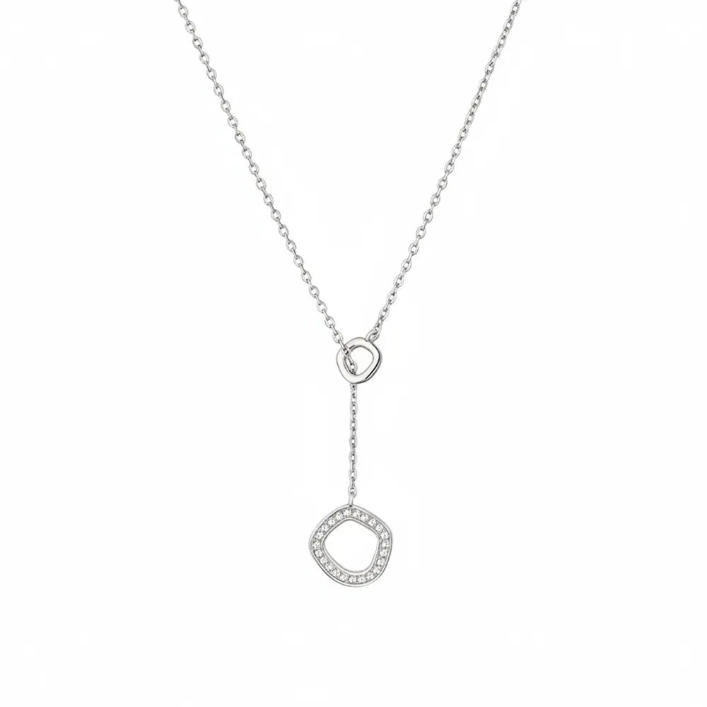 S925 sterling silver lariat necklace with a polished hoop and pave CZ irregular circle pendant.