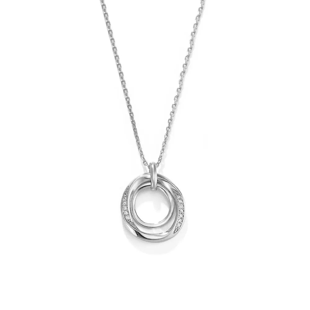 Classic S925 sterling silver interlocking double circle pendant necklace with high-polish finish on white background