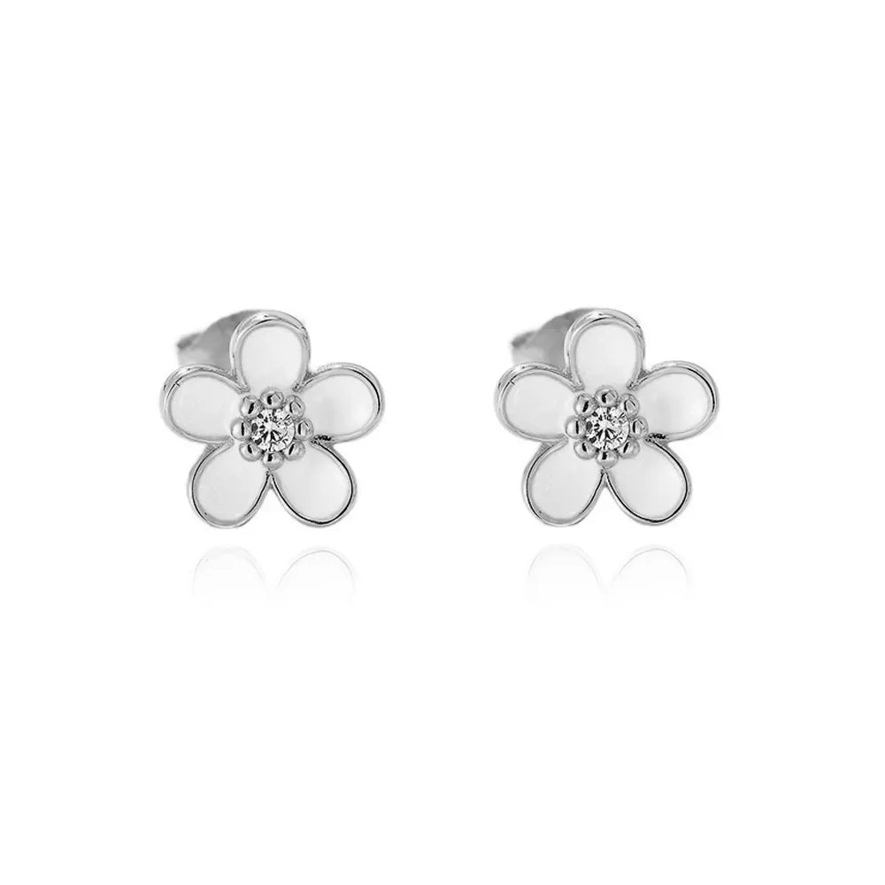 Classic S925 sterling silver white enamel flower studs with high-polish finish and cubic zirconia accent