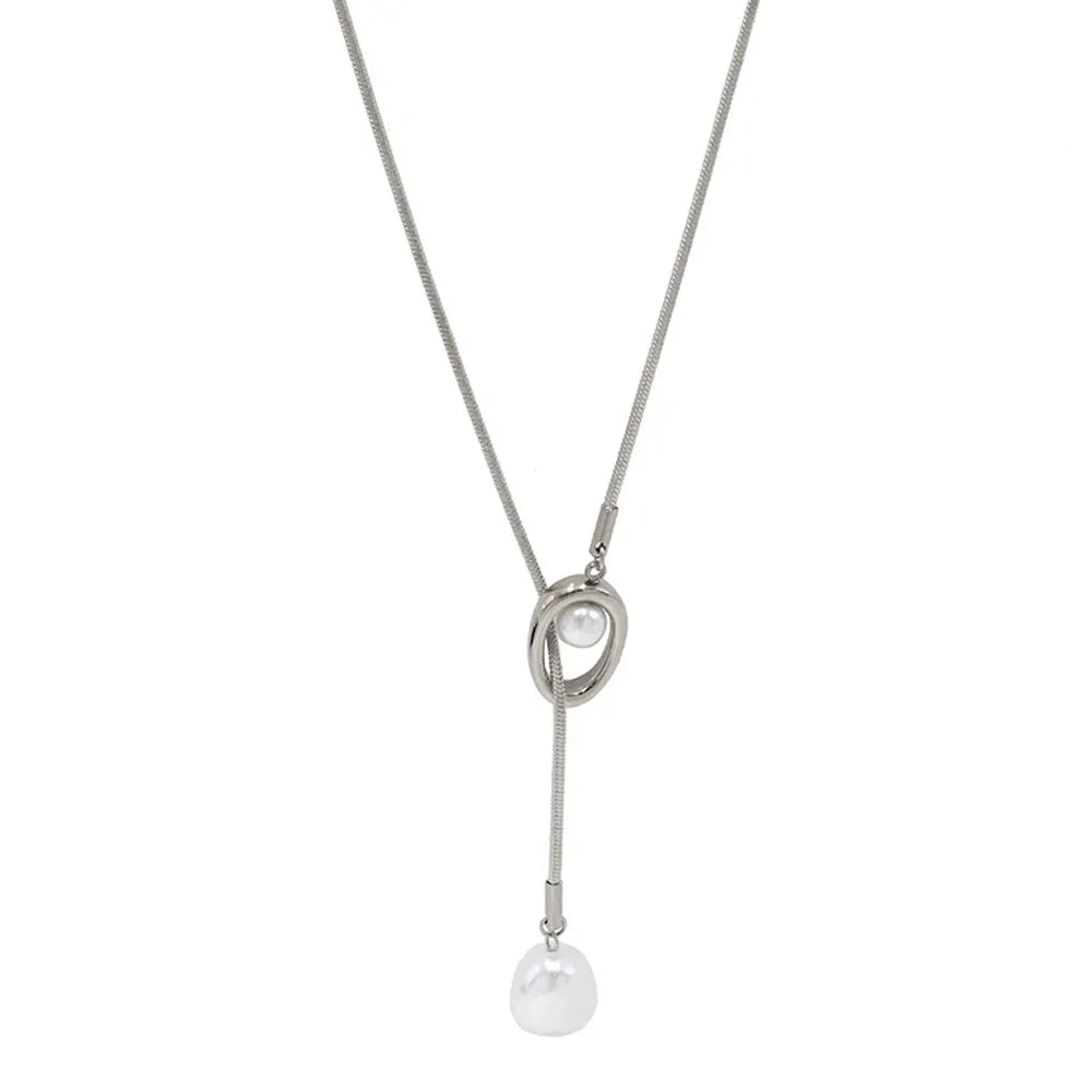 Silver 316L stainless steel Y-necklace with a double pearl design. Adjustable pull-through slider mechanism on a snake chain