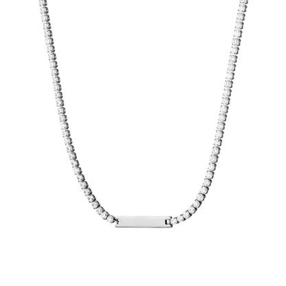 Silver 316L stainless steel tennis necklace with a sleek metal bar center. Waterproof and tarnish-free jewelry design