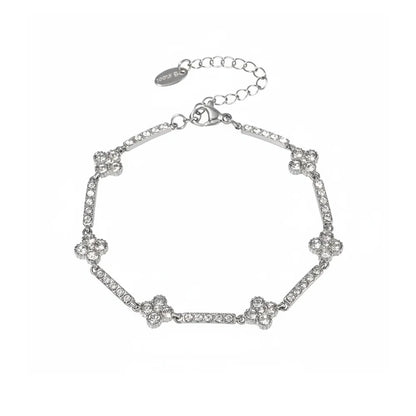 Silver 316L stainless steel bracelet set with clear cubic zirconia stones in a floral star pattern. Waterproof and tarnish-free