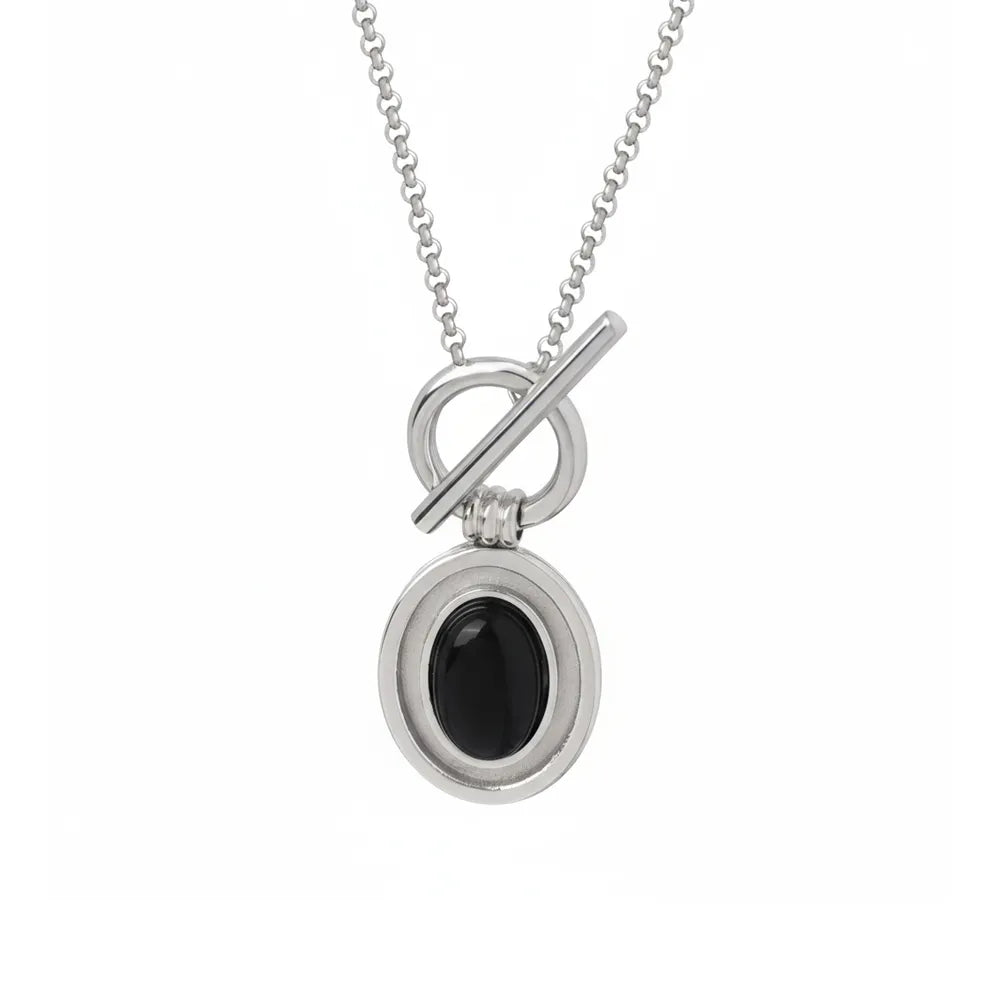 Silver 316L stainless steel toggle necklace with a smooth oval natural black onyx stone pendant. Waterproof vintage style jewelry.