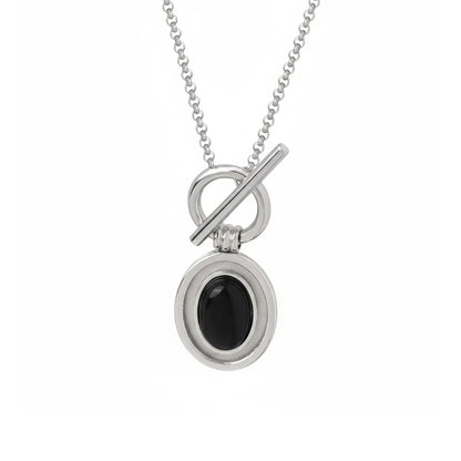 Silver 316L stainless steel toggle necklace with a smooth oval natural black onyx stone pendant. Waterproof vintage style jewelry.