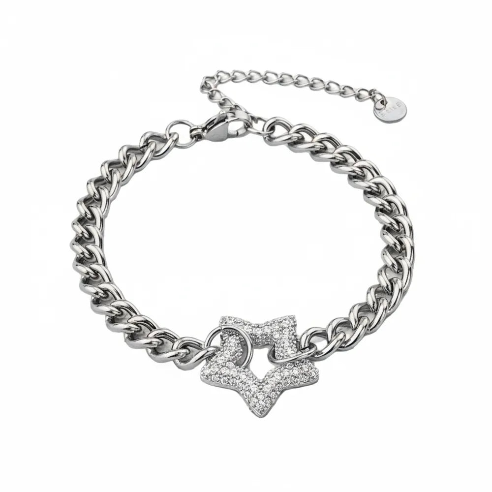 Silver 316L stainless steel chain bracelet with a central crystal star link design, showing the lobster clasp and extender chain.